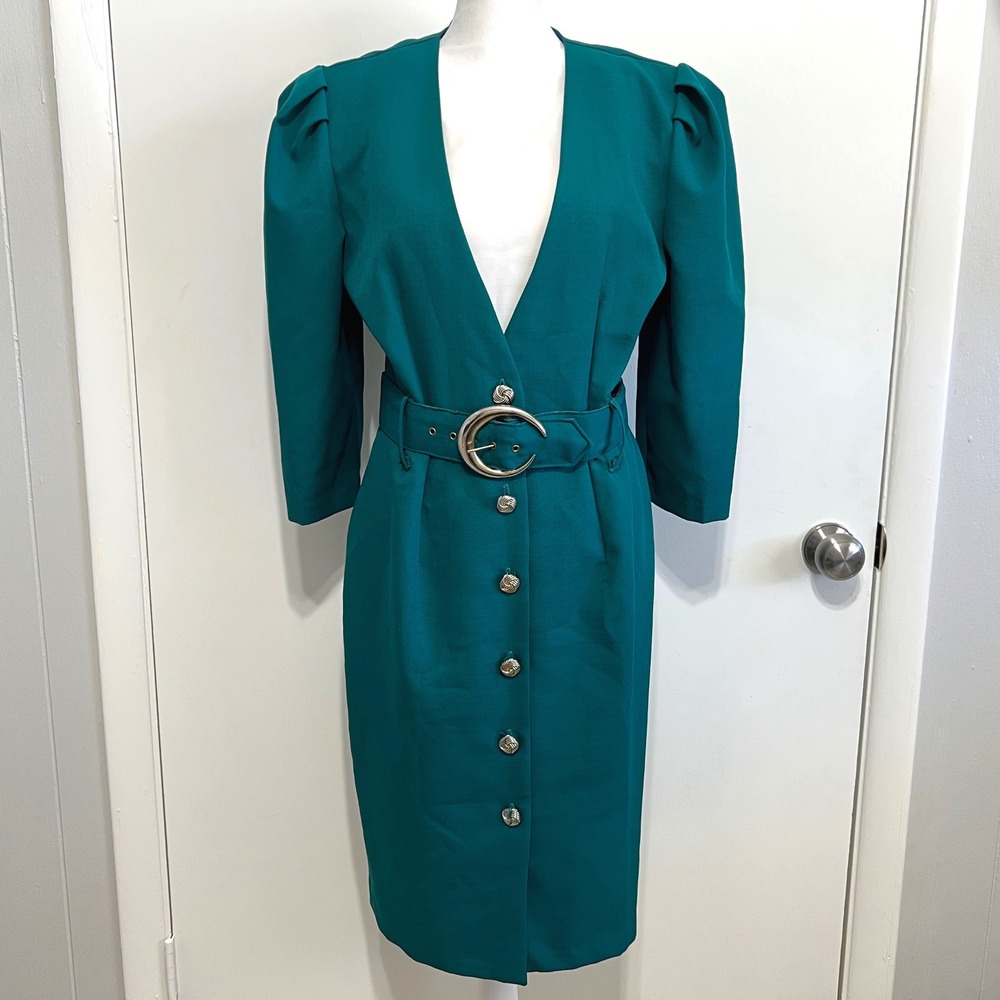 Whirlaway Frocks Vintage 80s Power Dress Size 10P Teal Green‎ Belted Made in USA